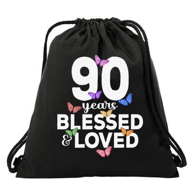 90 Years Blessed And Loved Butterfly 90th Birthday Drawstring Bag