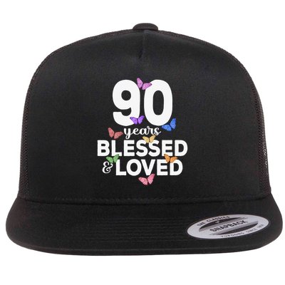 90 Years Blessed And Loved Butterfly 90th Birthday Flatbill Hat