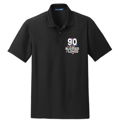 90 Years Blessed And Loved Butterfly 90th Birthday Dry Zone Grid Polo