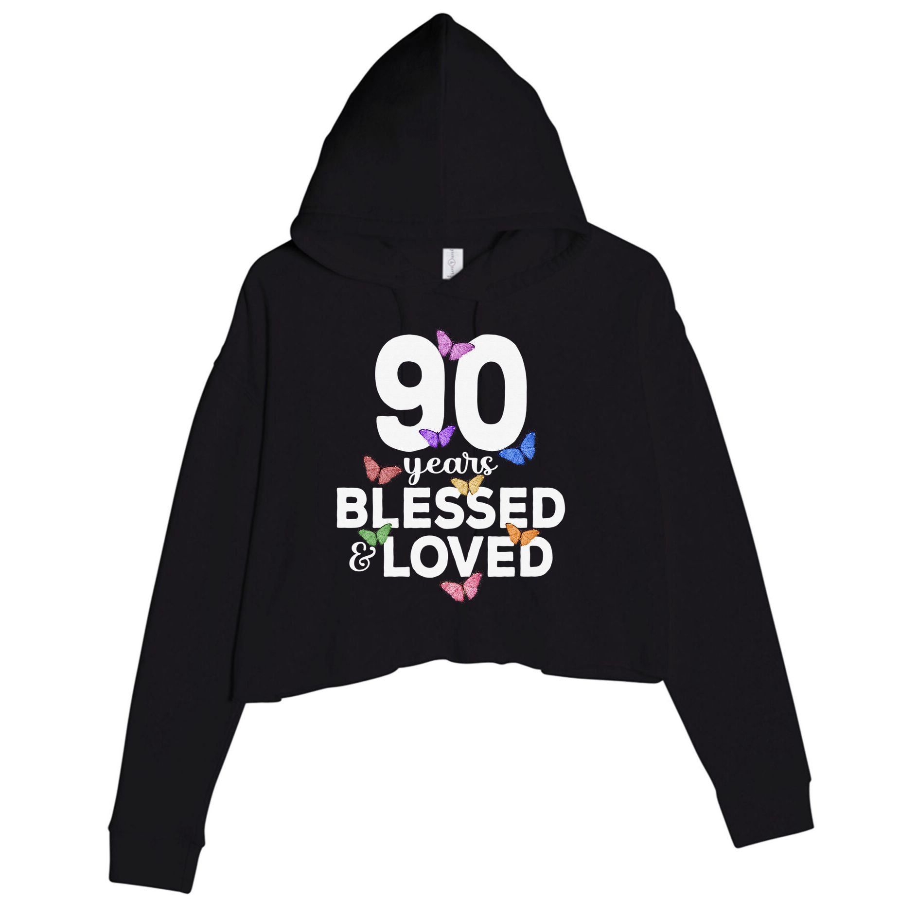 90 Years Blessed And Loved Butterfly 90th Birthday Crop Fleece Hoodie
