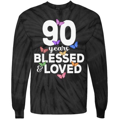 90 Years Blessed And Loved Butterfly 90th Birthday Tie-Dye Long Sleeve Shirt