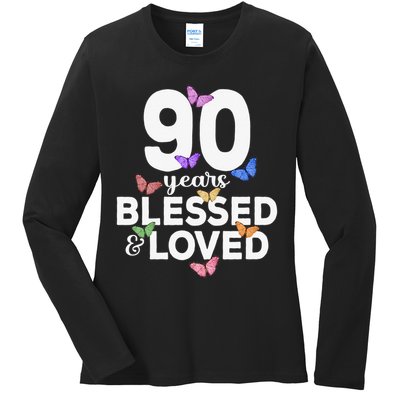 90 Years Blessed And Loved Butterfly 90th Birthday Ladies Long Sleeve Shirt