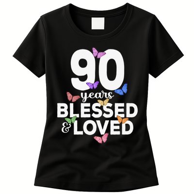 90 Years Blessed And Loved Butterfly 90th Birthday Womens T-Shirt