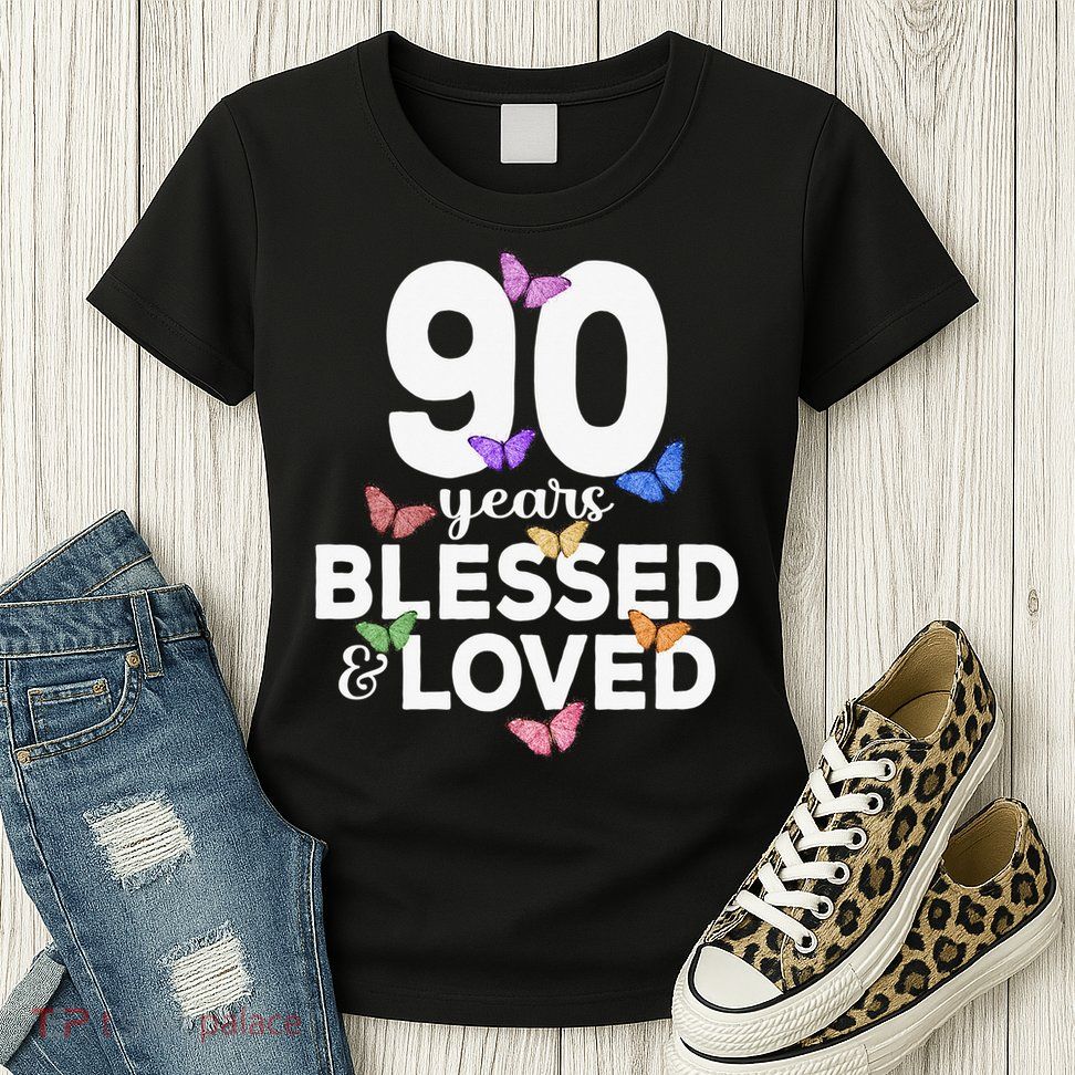 90 Years Blessed And Loved Butterfly 90th Birthday Womens T-Shirt