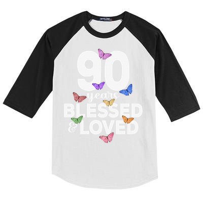 90 Years Blessed And Loved Butterfly 90th Birthday Kids Colorblock Raglan Jersey