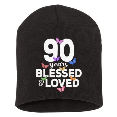 90 Years Blessed And Loved Butterfly 90th Birthday Short Acrylic Beanie