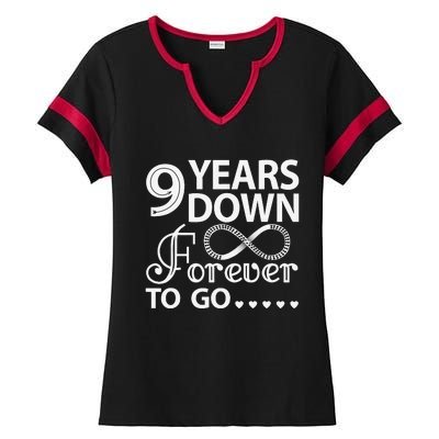 9 Years Down Forever To Go 9th Wedding Anniversary Ladies Halftime Notch Neck Tee