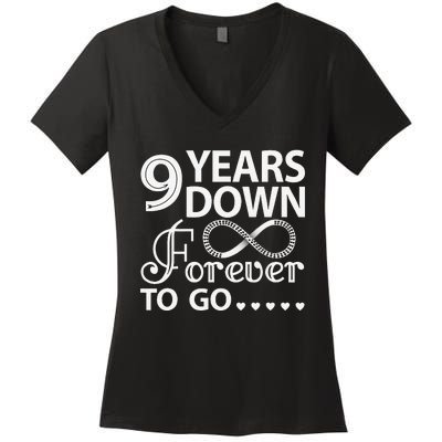 9 Years Down Forever To Go 9th Wedding Anniversary Women's V-Neck T-Shirt