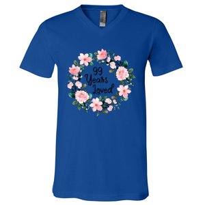 99 Years Loved 99 Years Old Floral 99th Birthday Gift V-Neck T-Shirt