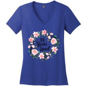 99 Years Loved 99 Years Old Floral 99th Birthday Gift Women's V-Neck T-Shirt