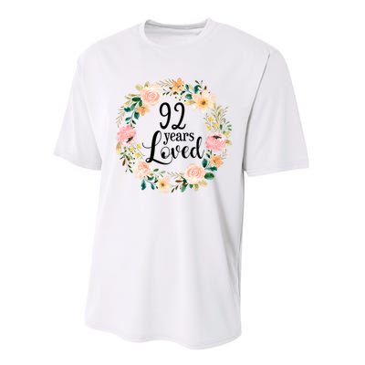 92 Years Loved 92 Year Old Women Floral 92nd Birthday Gift Performance Sprint T-Shirt