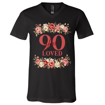 90 Years Loved 90th Birthday Floral 90 Years Old V-Neck T-Shirt