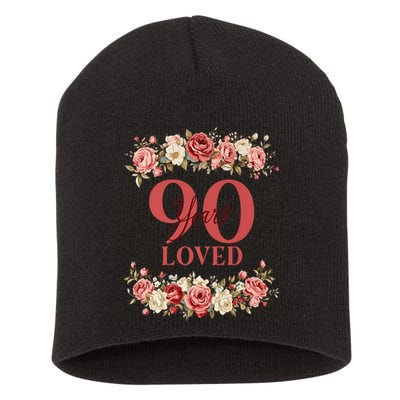 90 Years Loved 90th Birthday Floral 90 Years Old Short Acrylic Beanie
