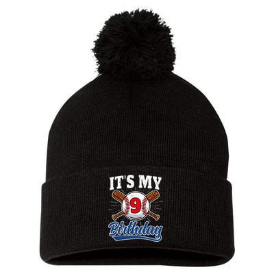 9 Years Old Baseball Player 9th Birthday Party Pom Pom 12in Knit Beanie