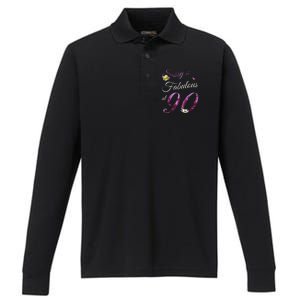 90 Year Old Sassy & Fabulous Floral 1933 90th Birthday Gift Performance Long Sleeve Polo