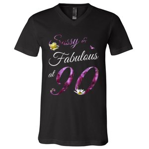 90 Year Old Sassy & Fabulous Floral 1933 90th Birthday Gift V-Neck T-Shirt