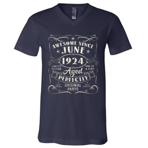 99 Year Old Awesome Since June 1924 99th Birthday V-Neck T-Shirt