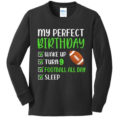 9 Year Old American Football Birthday Party 9th Boy Player Kids Long Sleeve Shirt