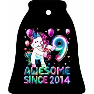 9 Years Old Unicorn Flossing 9th Birthday Girl Unicorn Party Ceramic Bell Ornament