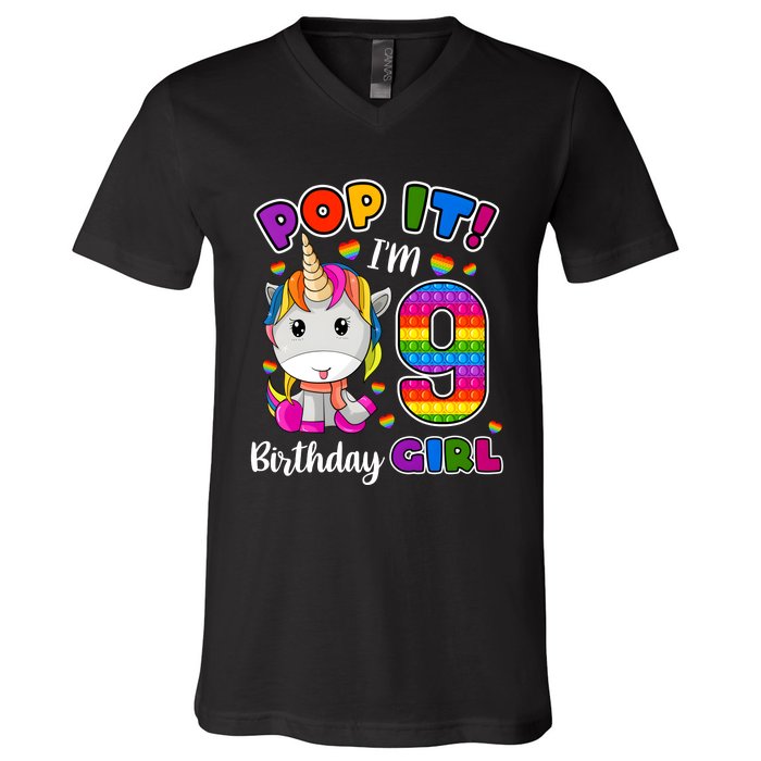 9 Year Old Gift 9th Birthday Girl Unicorn Pop It Fidget V-Neck T-Shirt