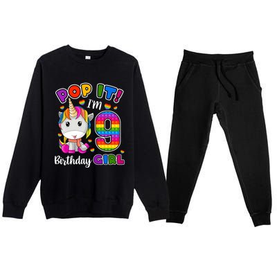 9 Year Old Gift 9th Birthday Girl Unicorn Pop It Fidget Premium Crewneck Sweatsuit Set