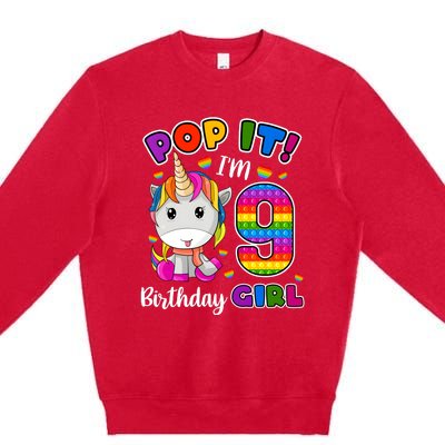 9 Year Old Gift 9th Birthday Girl Unicorn Pop It Fidget Premium Crewneck Sweatshirt