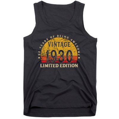 92 Year Old Gifts Retro Vintage 1930 Limited Edition 92th Birthday Tank Top