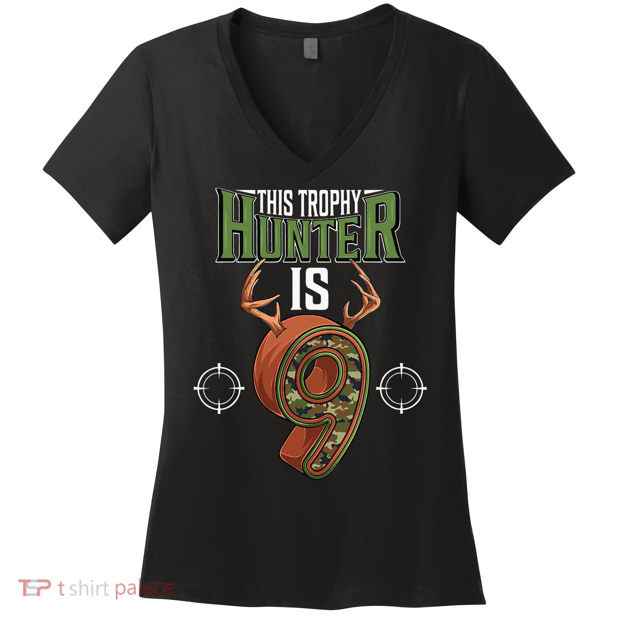 9 Year Old Hunting 9th Birthday Party Deer Hunter Women's V-Neck T-Shirt