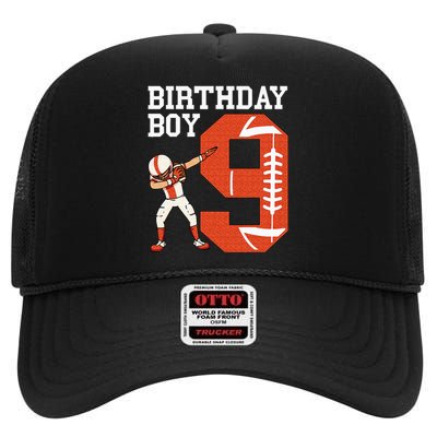 9 Years Old Boy Football Player 9th Football Birthday High Crown Mesh Back Trucker Hat