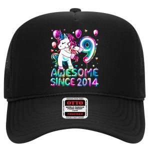 9 Years Old Unicorn Flossing 9th Birthday Girl Unicorn Party High Crown Mesh Back Trucker Hat