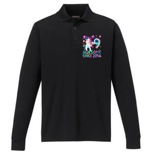 9 Years Old Unicorn Flossing 9th Birthday Girl Unicorn Party Performance Long Sleeve Polo