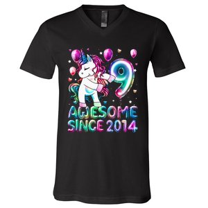 9 Years Old Unicorn Flossing 9th Birthday Girl Unicorn Party V-Neck T-Shirt