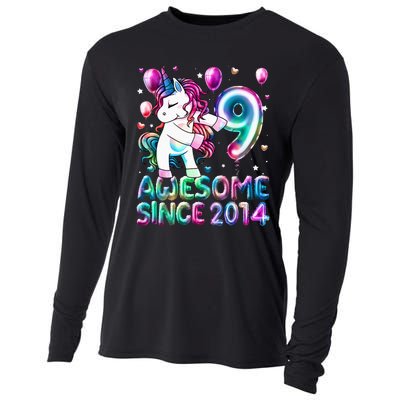 9 Years Old Unicorn Flossing 9th Birthday Girl Unicorn Party Cooling Performance Long Sleeve Crew