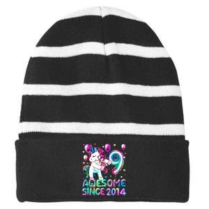 9 Years Old Unicorn Flossing 9th Birthday Girl Unicorn Party Striped Beanie with Solid Band