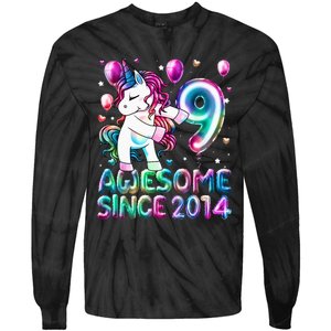 9 Years Old Unicorn Flossing 9th Birthday Girl Unicorn Party Tie-Dye Long Sleeve Shirt