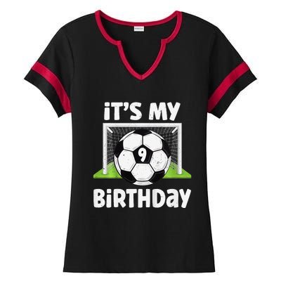 9 Years Old Soccer 9th Birthday Player Bday Party Ladies Halftime Notch Neck Tee