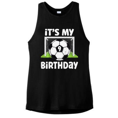 9 Years Old Soccer 9th Birthday Player Bday Party Ladies PosiCharge Tri-Blend Wicking Tank