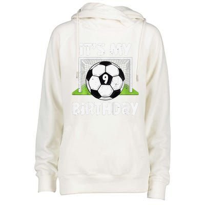 9 Years Old Soccer 9th Birthday Player Bday Party Womens Funnel Neck Pullover Hood