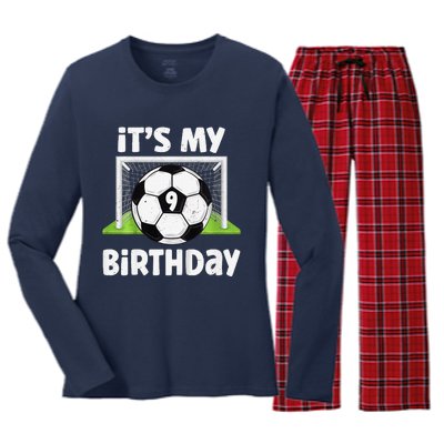 9 Years Old Soccer 9th Birthday Player Bday Party Women's Long Sleeve Flannel Pajama Set 