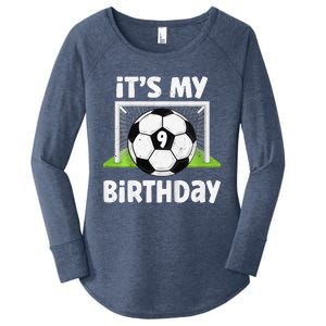 9 Years Old Soccer 9th Birthday Player Bday Party Women's Perfect Tri Tunic Long Sleeve Shirt