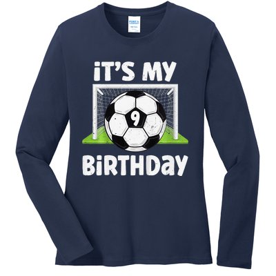 9 Years Old Soccer 9th Birthday Player Bday Party Ladies Long Sleeve Shirt