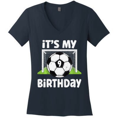 9 Years Old Soccer 9th Birthday Player Bday Party Women's V-Neck T-Shirt