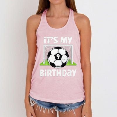 9 Years Old Soccer 9th Birthday Player Bday Party Women's Knotted Racerback Tank