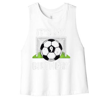 9 Years Old Soccer 9th Birthday Player Bday Party Women's Racerback Cropped Tank