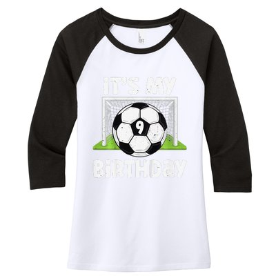 9 Years Old Soccer 9th Birthday Player Bday Party Women's Tri-Blend 3/4-Sleeve Raglan Shirt