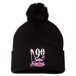 90 Years Old Gifts 90 & Fabulous 90th Birthday Pink Diamond Pom Pom 12in Knit Beanie