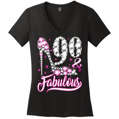 90 Years Old Gifts 90 & Fabulous 90th Birthday Pink Diamond Women's V-Neck T-Shirt