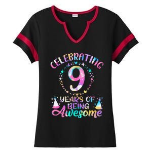 9 Years Of Being Awesome 9 Years Old 9th Birthday Tie Dye Ladies Halftime Notch Neck Tee