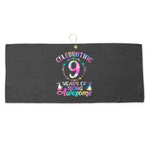 9 Years Of Being Awesome 9 Years Old 9th Birthday Tie Dye Large Microfiber Waffle Golf Towel