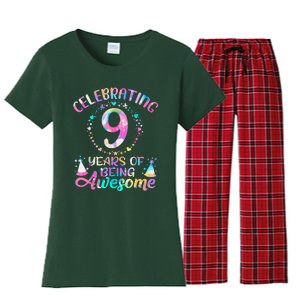 9 Years Of Being Awesome 9 Years Old 9th Birthday Tie Dye Women's Flannel Pajama Set